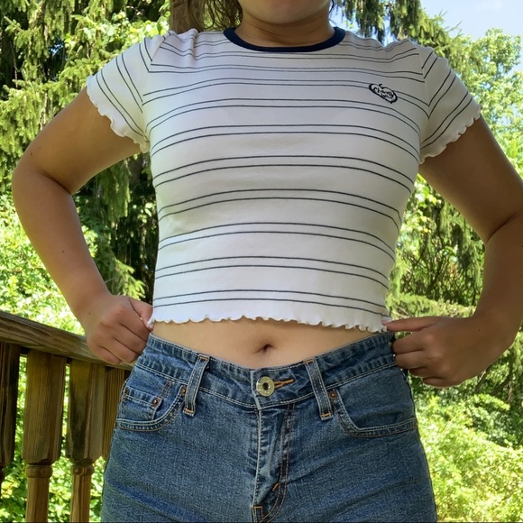 striped crop top w/ lettuce trim - Picture 1 of 4